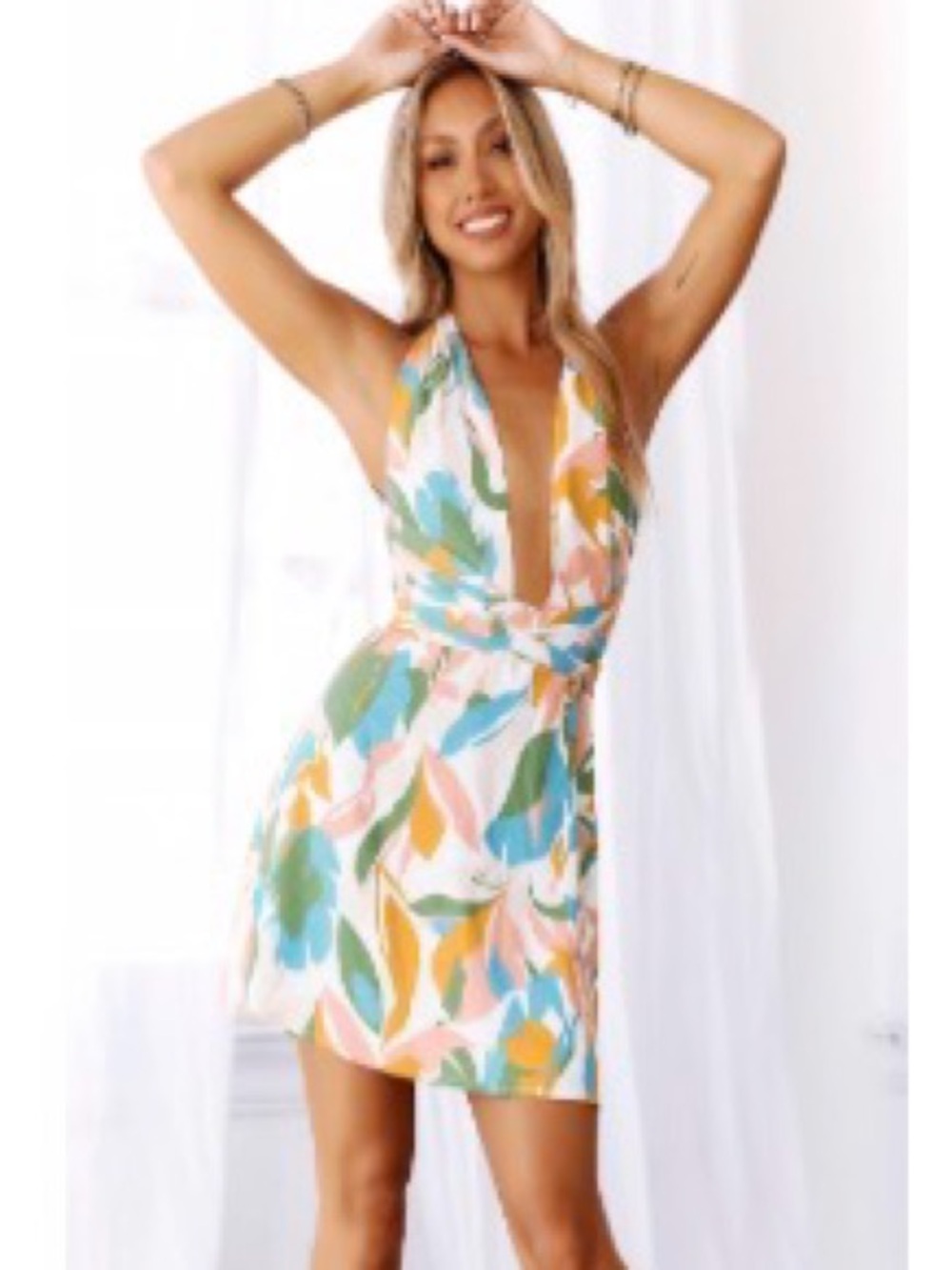 Hello Molly Multicolor Leaf-Print Halter Midi Dress